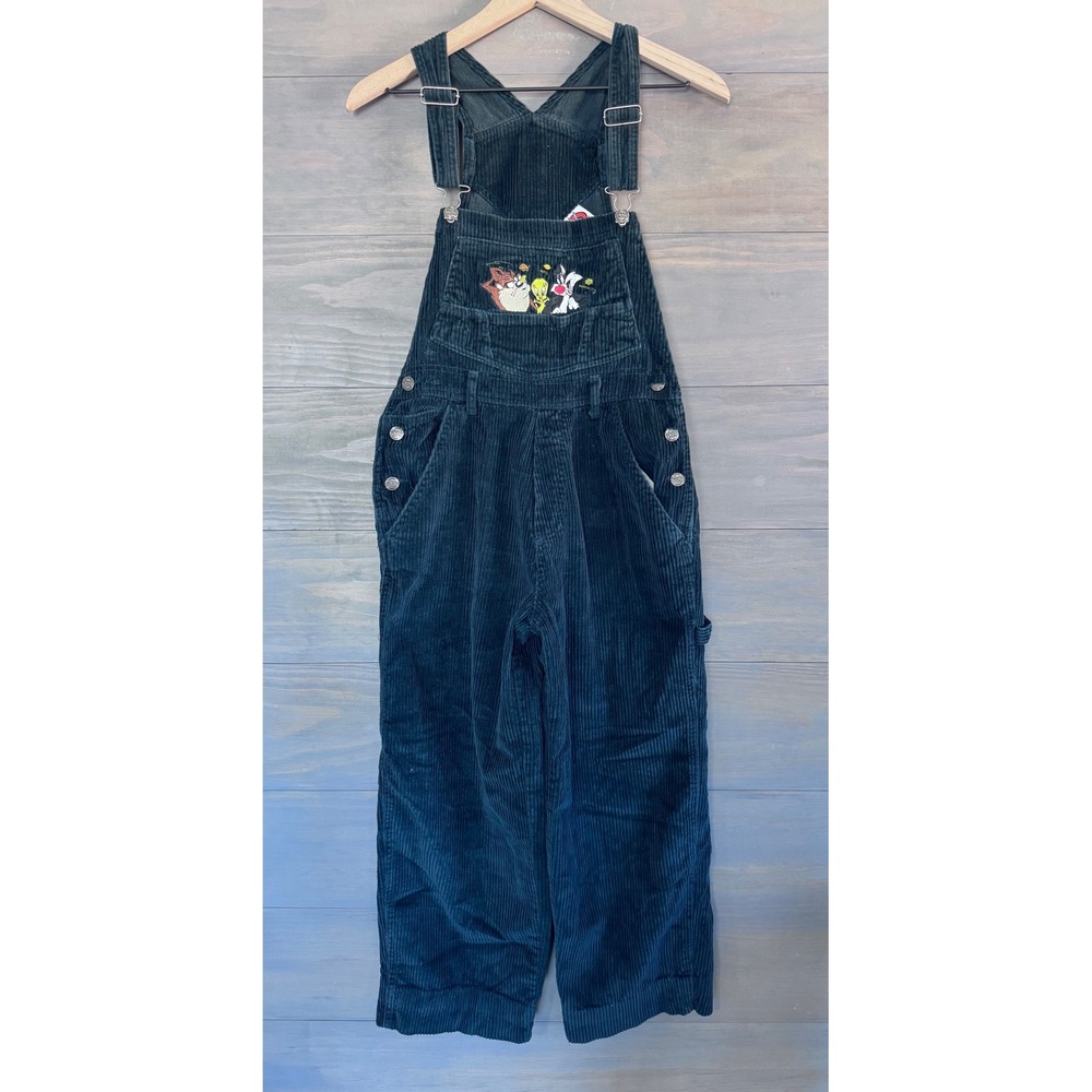Vintage Looney Tunes Corduroy Overalls Green Embroidered Tweety Taz Sylvester S